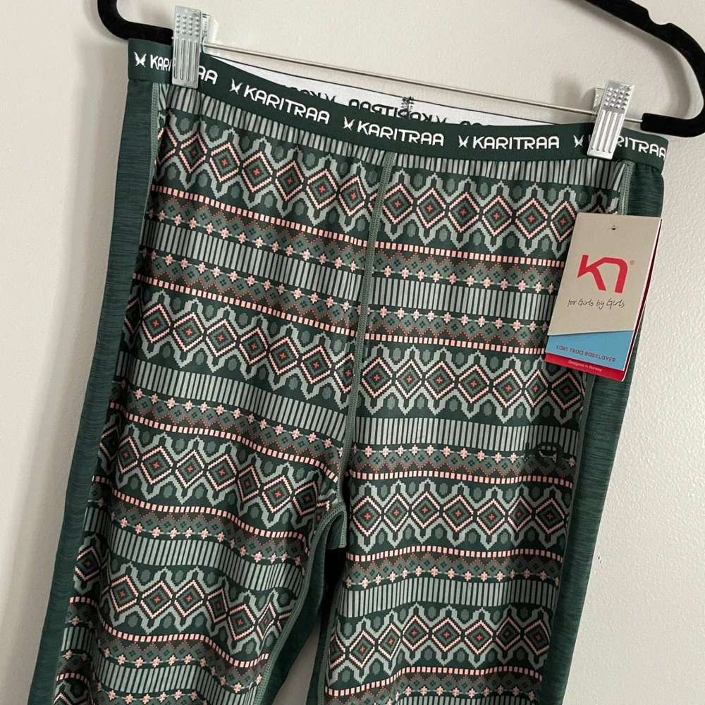 Kari Traa Lune Baselayer Womens L Green Fair Isle Geometric Thermal Leggings